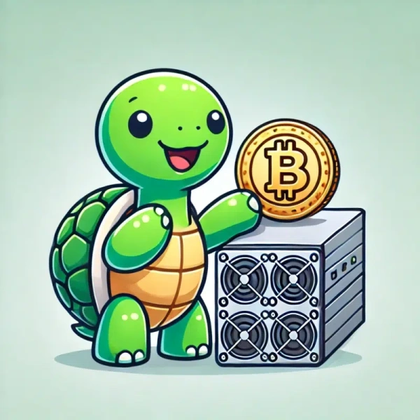 Une tortue posant sa patte sur un ASIC pour miner du bitcoin