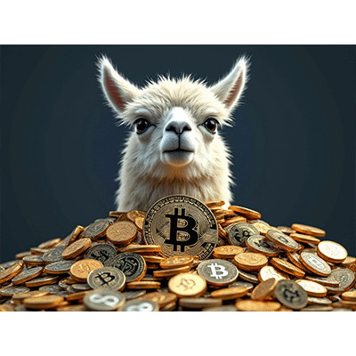 Un lama devant un tas de cryptomonnaie pour représenter la TVL Total Value Locked