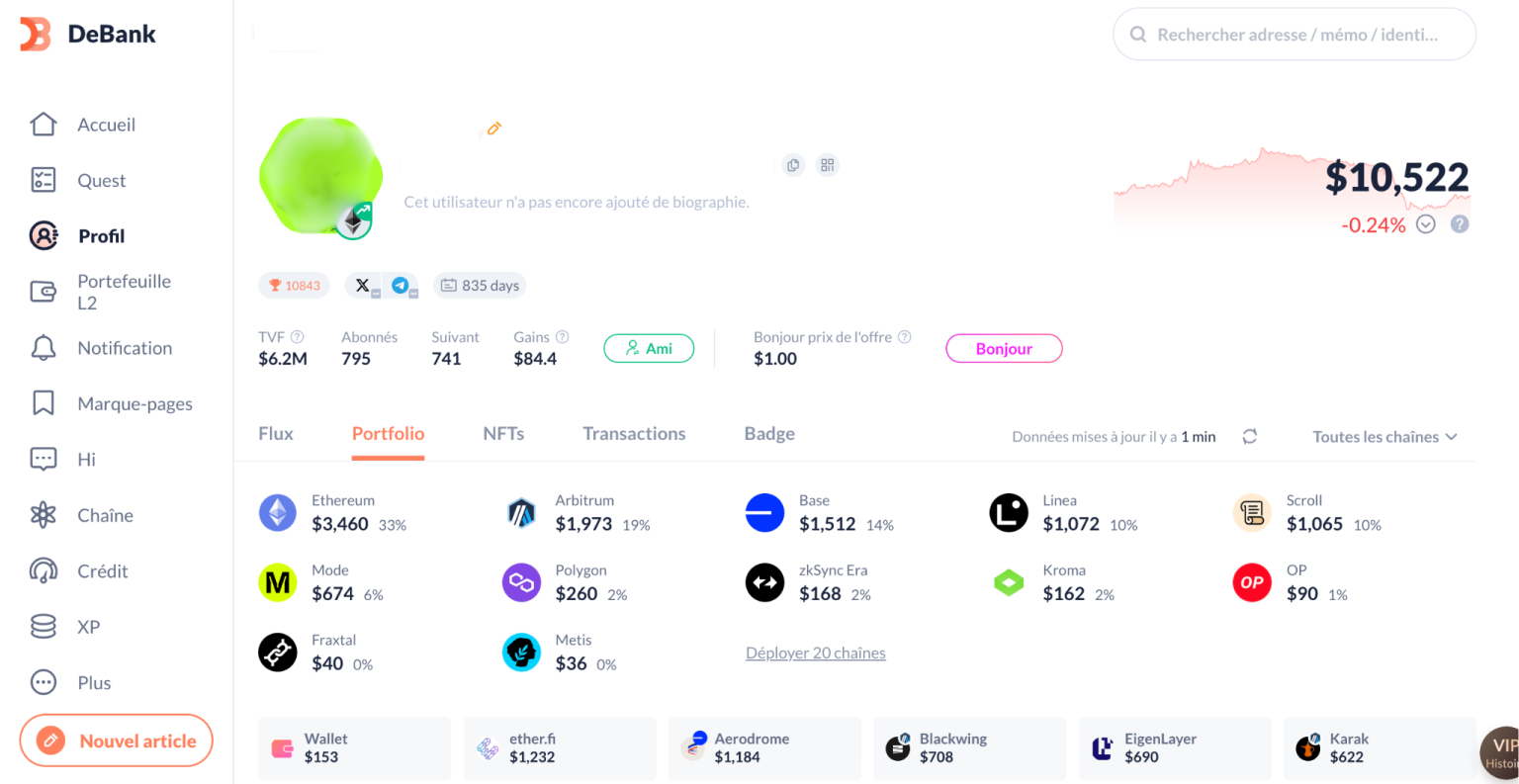 Visualisation d'un portefeuille crypto via DeBank