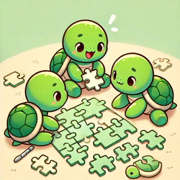 3 tortues essayent de résoudre un puzzle