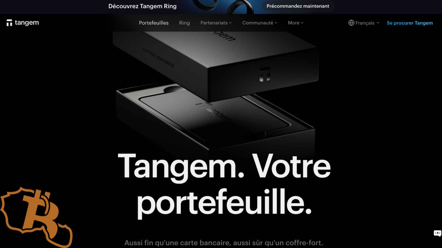 Capture d'écran de la page d'accueil de Tangem, un hardware wallet minimaliste sous forme d'une carte sobre et solide pour sécuriser vos clés privées.