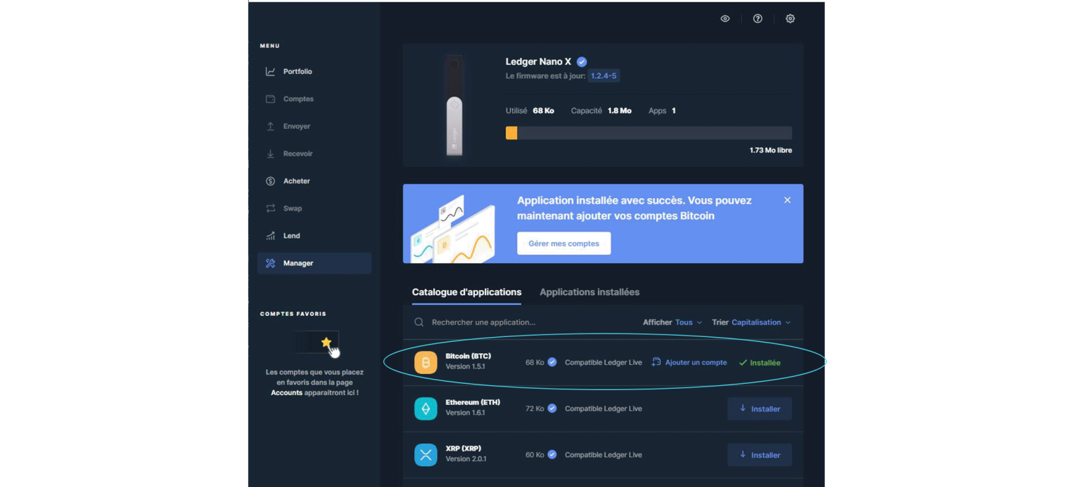 Application Bitcoin bien installée - Guide installer app Ledger et faire transaction