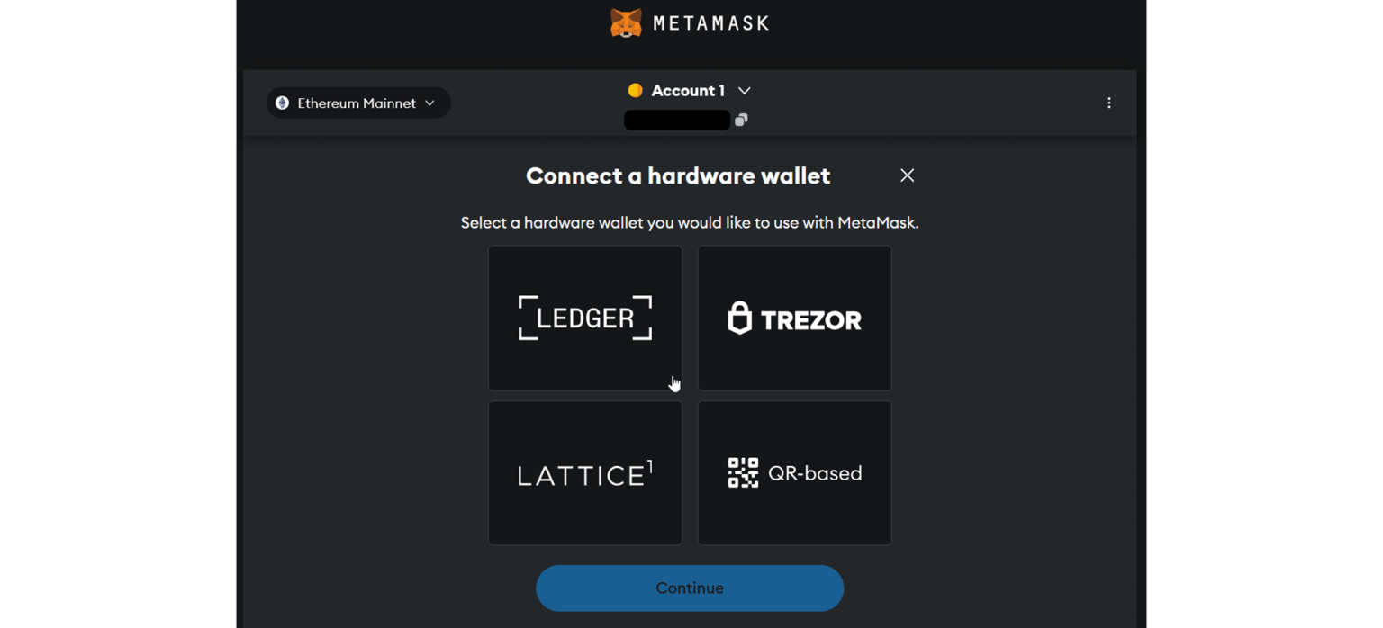 Cliquez sur Ledger sur MetaMask