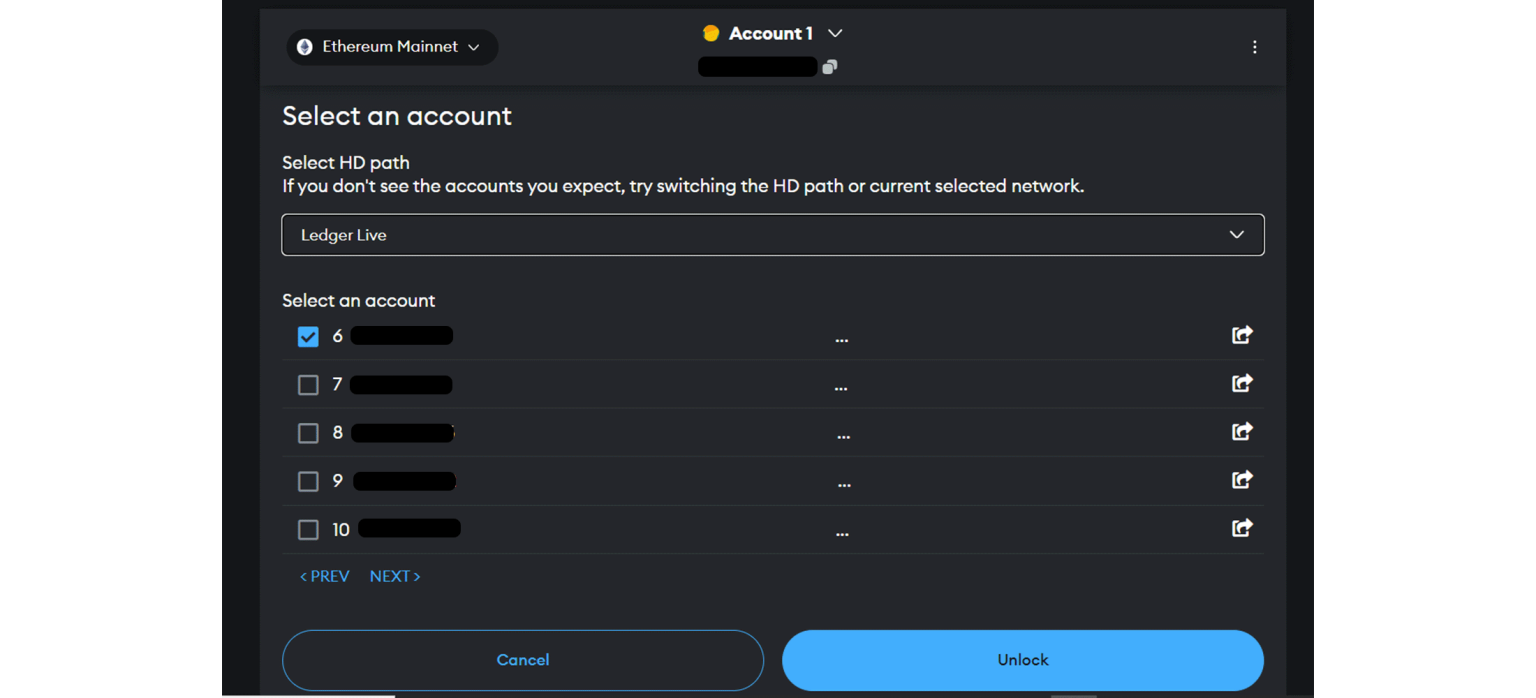 Sélectionne une ou plusieurs adresses Ledger à connecter à MetaMask