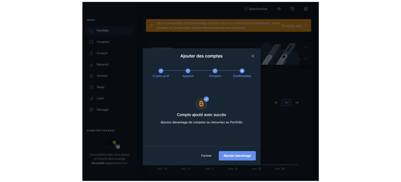 Compte Bitcoin ajouté avec succès sur Ledger Live