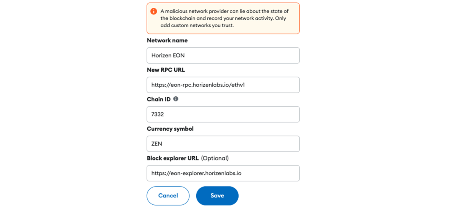 Informations réseau Horizen pour MetaMask