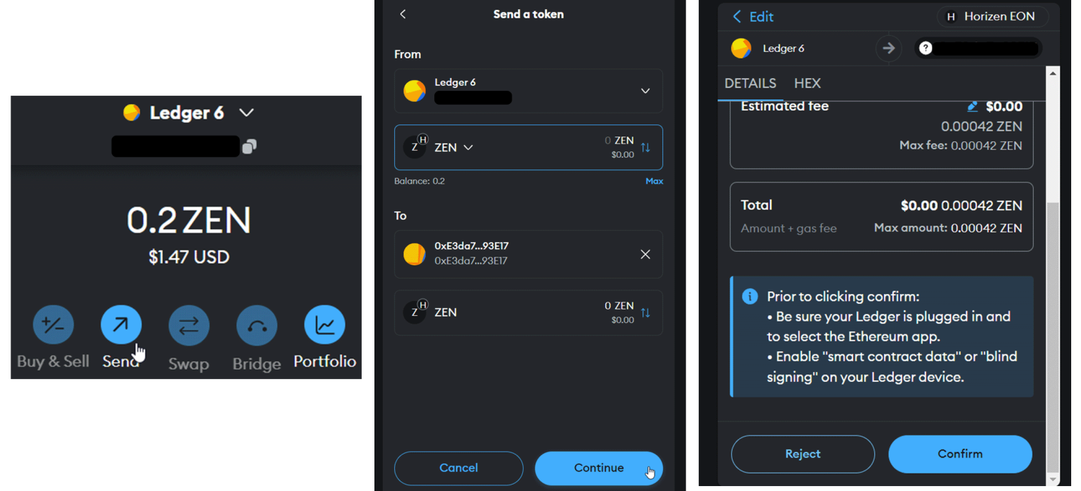 Envoyer des ZEN par MetaMask protégés par La Ledger