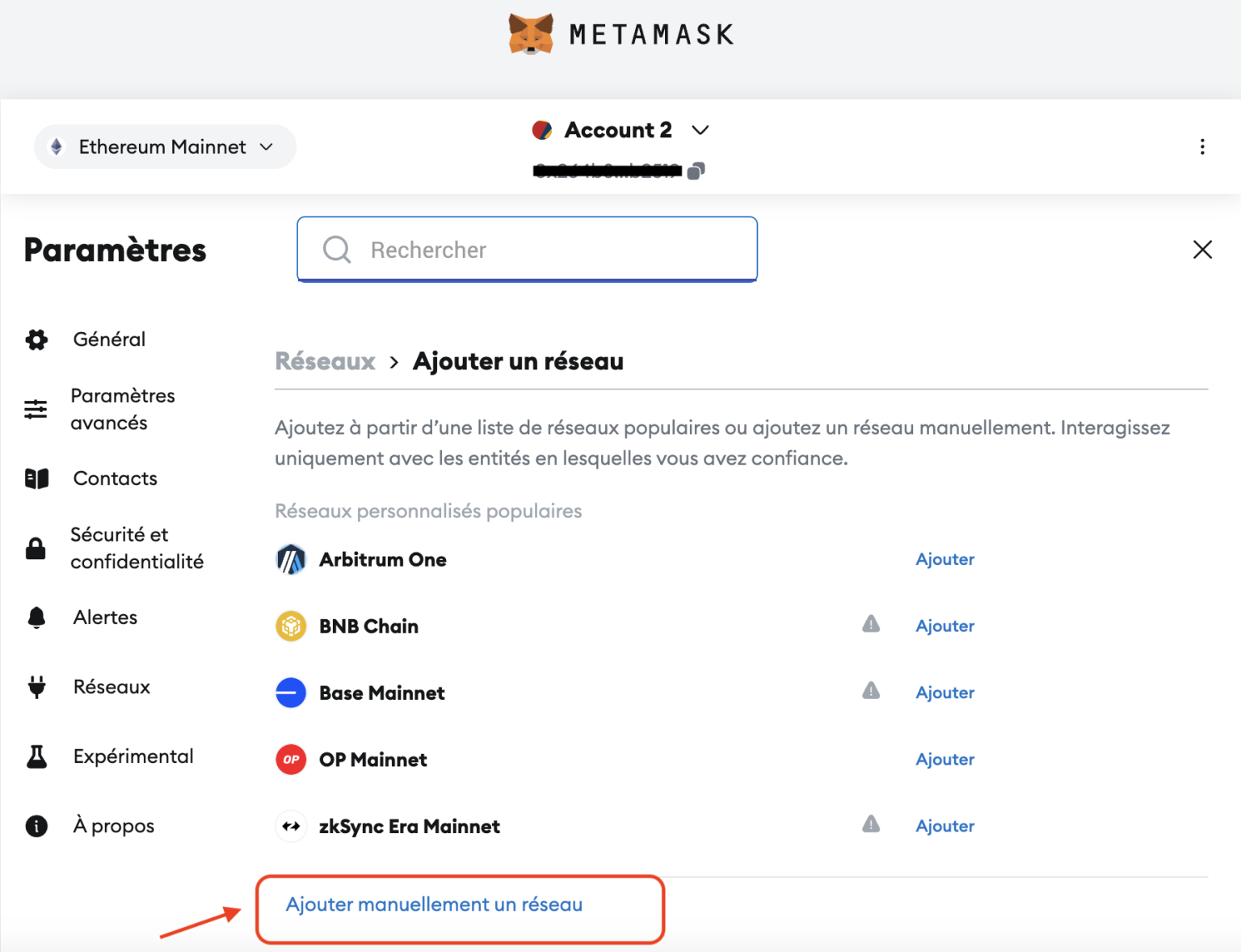 ajouter manuellement un reseau sur metamask