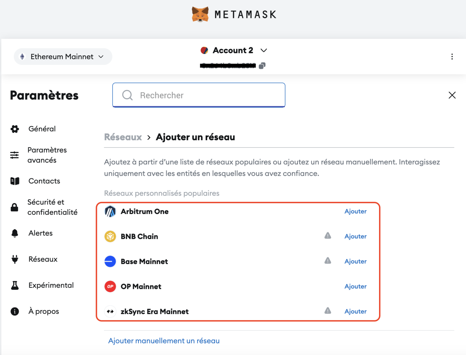 Liste des différents réseaux sur metamask