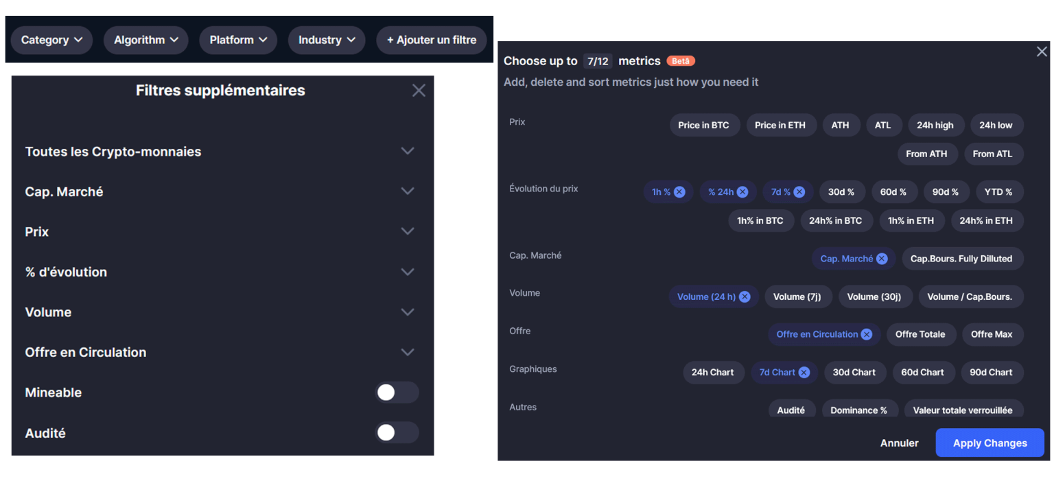 Les filtres sur Coin Market Cap