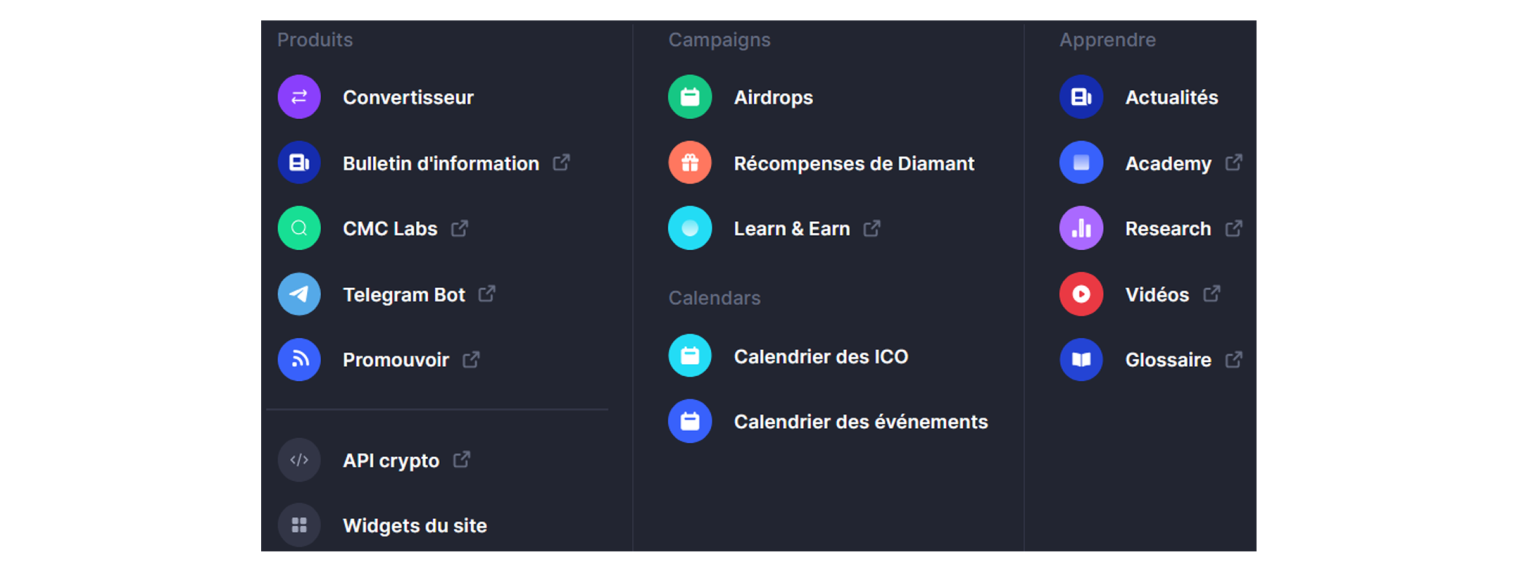 Les outils sur CoinMarketCap