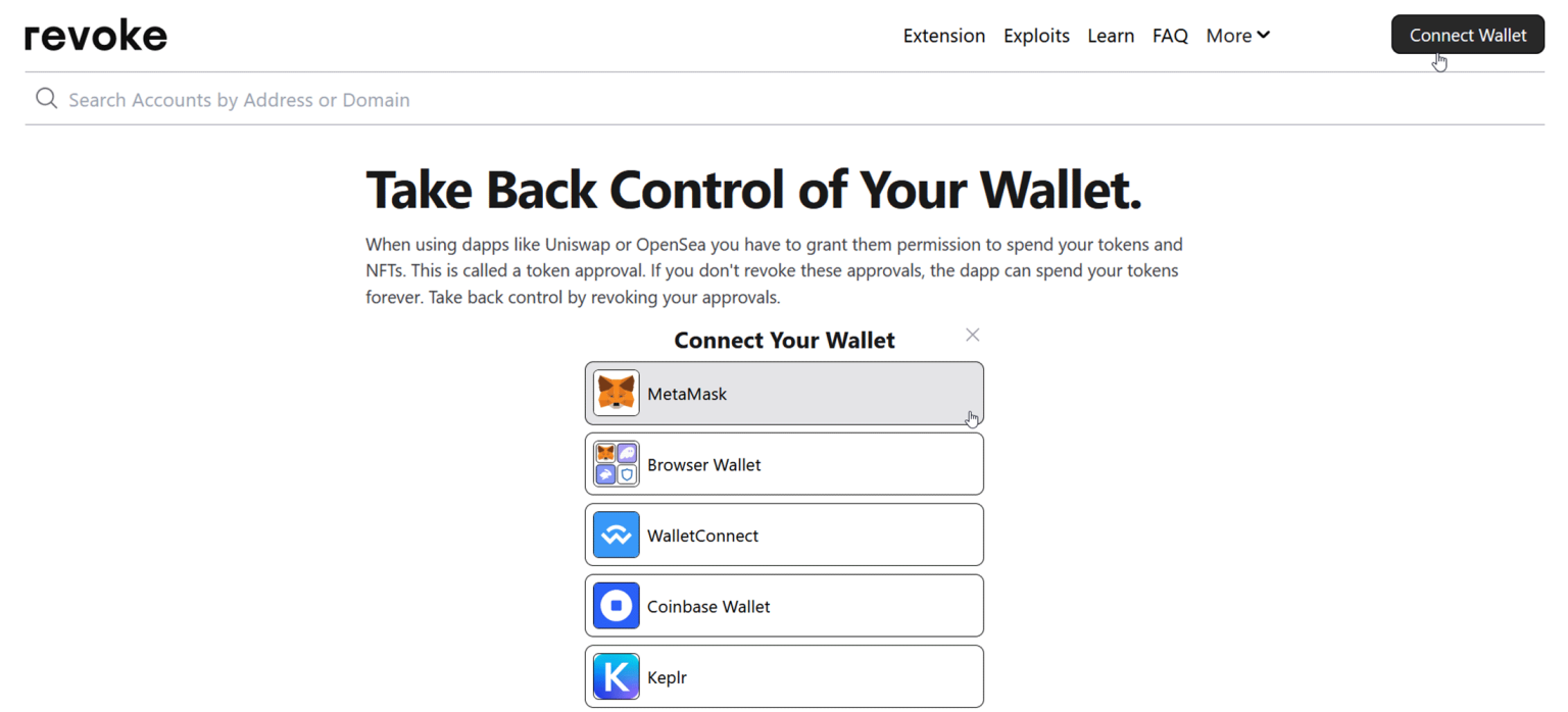 Revoke.cash connecter MetaMask