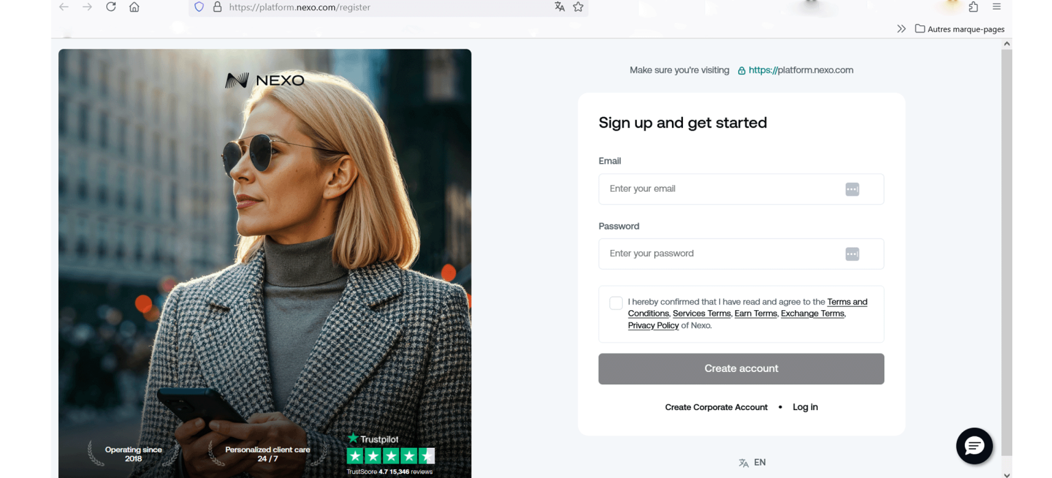 Création compte sur Nexo