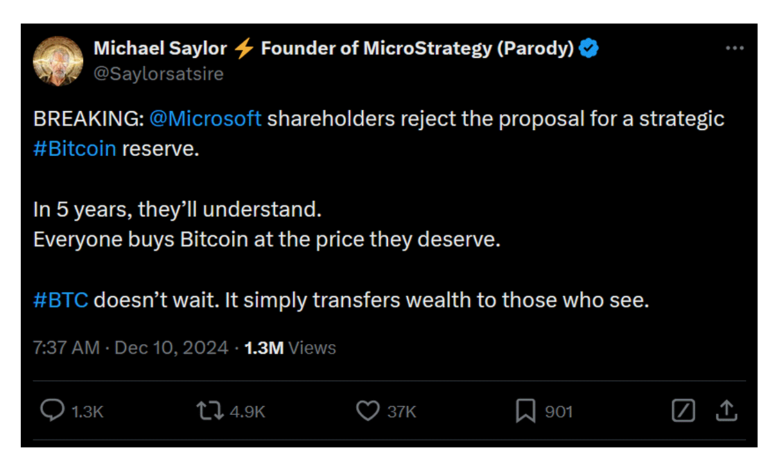 Tweet parodique de Michael Saylor "BTC doesn't wait"