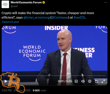 Au Forum International de Davos, Brian Armstrong, le PDG de Coinbase, a brillamment défendu l'intérêt de Bitcoin et des cryptomonnaies pour l'économie mondiale.