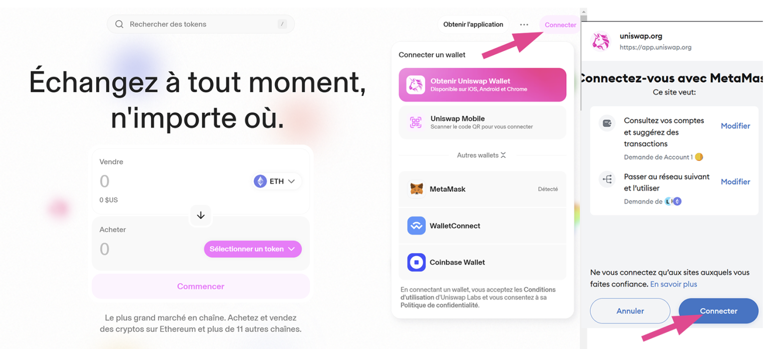 Screenshot ouverture application et connexion wallet