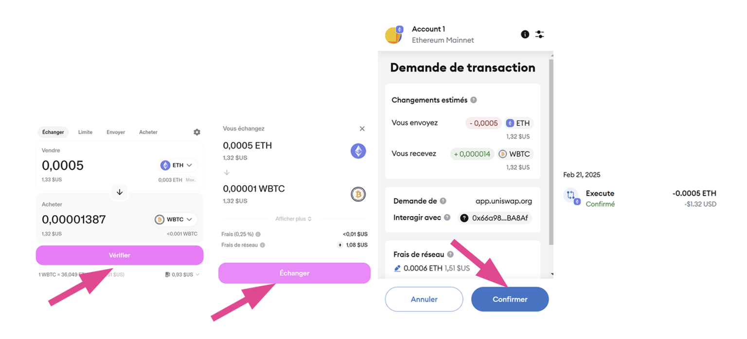 Screenshots faire swap sur Uniswap