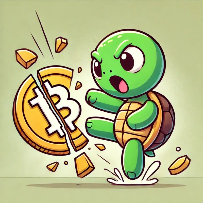 Tortue qui coupe un BTC en 2 pour illustrer le halving