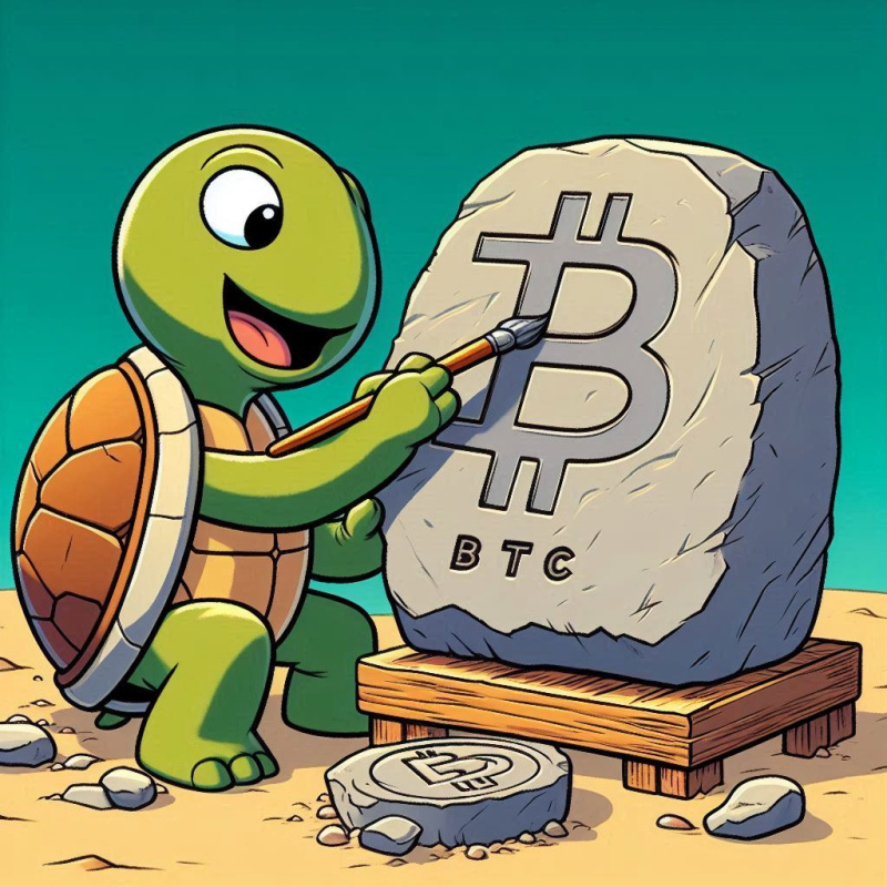 Tortue en train de dessiner sur un bloc BTC