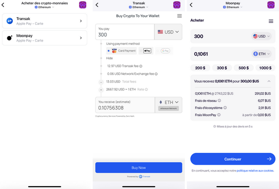 Zerion Wallet s'est associé à deux partenaires de paiement, Transak et Moonpay pour permettre aux utilisateurs d'acheter des cryptomonnaies