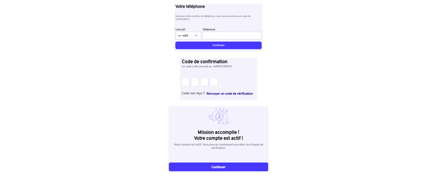 screens validation télépchone et activation du compte