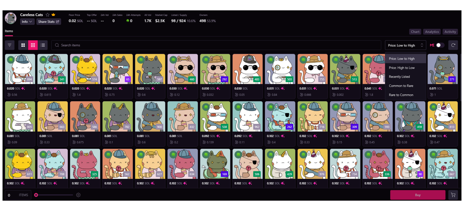 Screen des chats disponibles sur la collection careless cats sur Solana