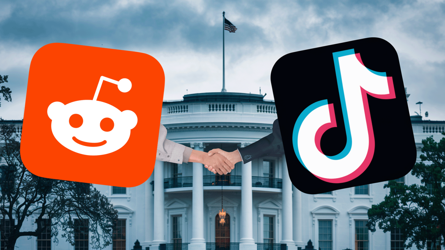 Le logo Reddit serre la main au logo Tiktok devant la maison blanche