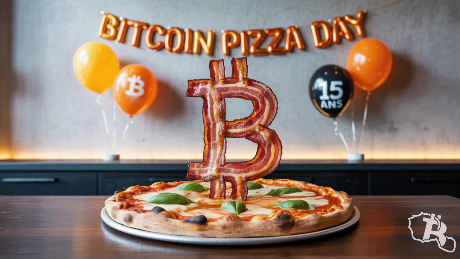 Un pizza avec un logo Bitcoin et des balons