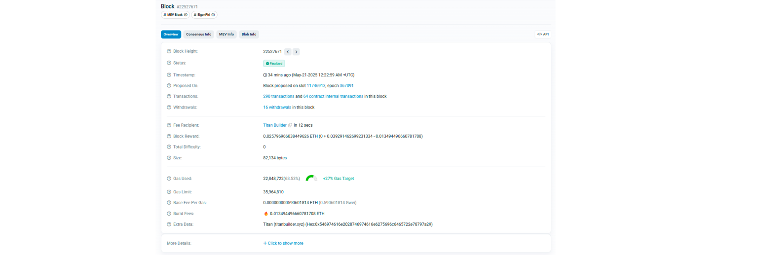 Screens détails d'un bloc sur Etherscan
