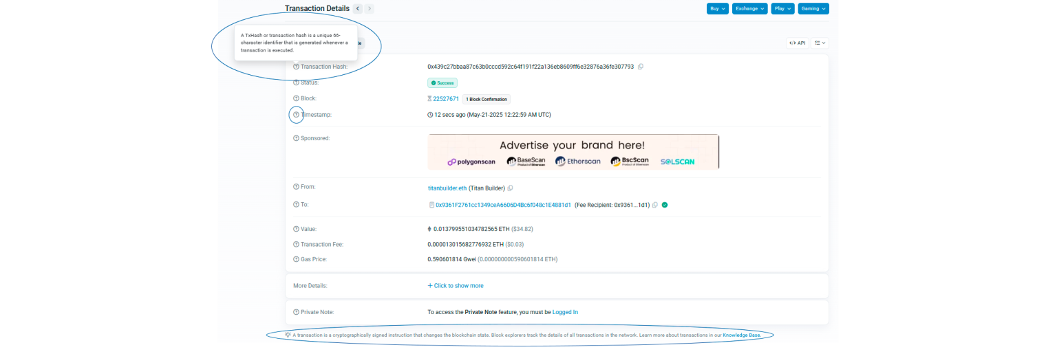 screen détails d'une transaction sur Etherscan