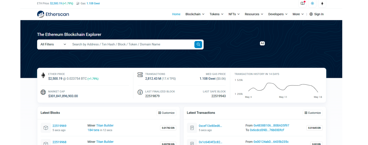 screen page accueil Etherscan