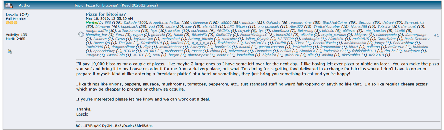 Screen post Laszlo proposant acheter 2 pizzas pour 10 000 btc
