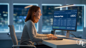 Une femme est heureuse de recevoir son salaire en cryptos