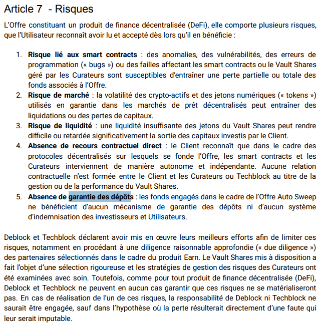 Conditions Générales d'Utilisations Deblock Auto Sweep : Risques.