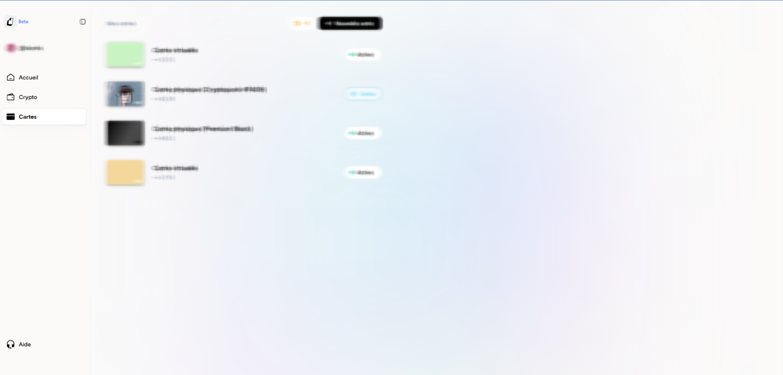 Page de gestion des Cartes VISA de l'interface web Deblock.