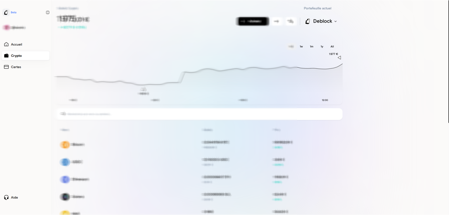 Page de gestion des Cryptos de l'interface web Deblock.